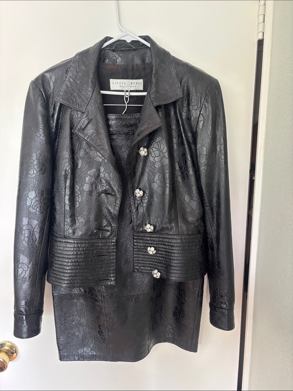 Lillie Rubin Black Floral-Embossed Leather Jacket with Decorative Buttons